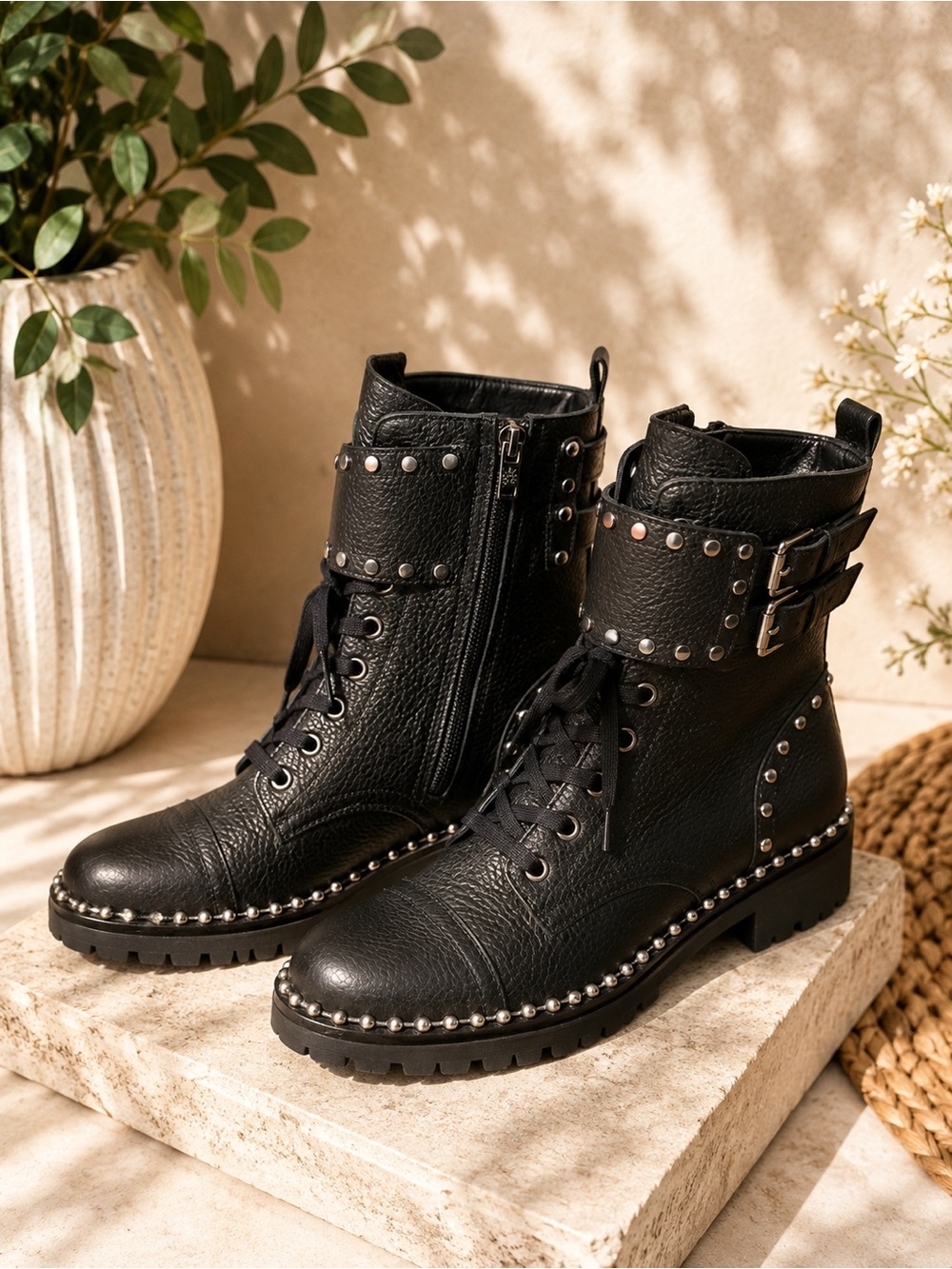 Sam Edelman Jennifer Black Leather Studded Combat Boots Size 7.5